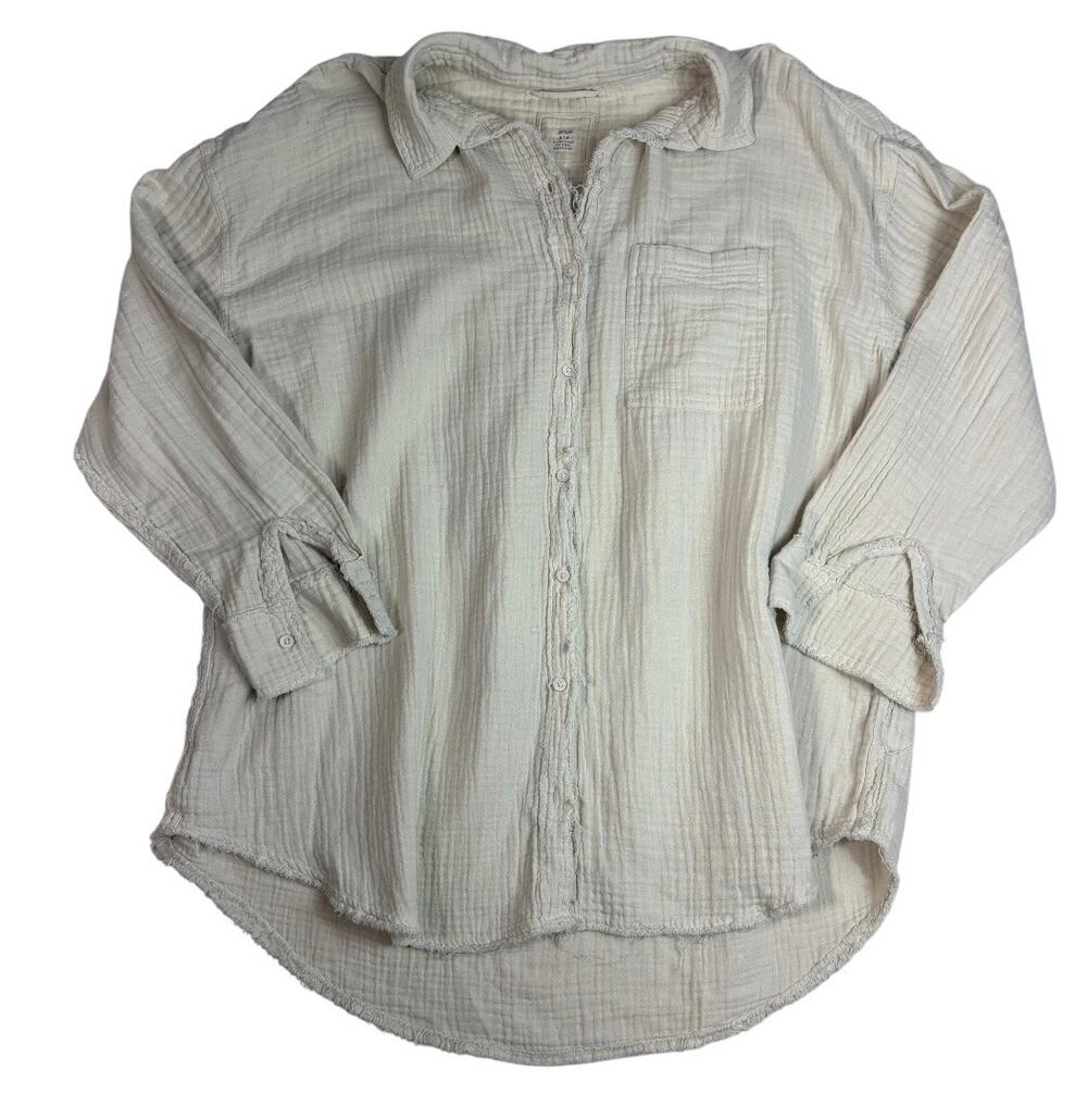 AERIE WOMENS OVERSIZED BOXY COTTON DISTRESSED BUTTON DOWN SHIRT MEDIUM